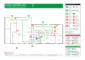 Plattegrond met evacuatiepijlen en nooduitgangen aangeduid